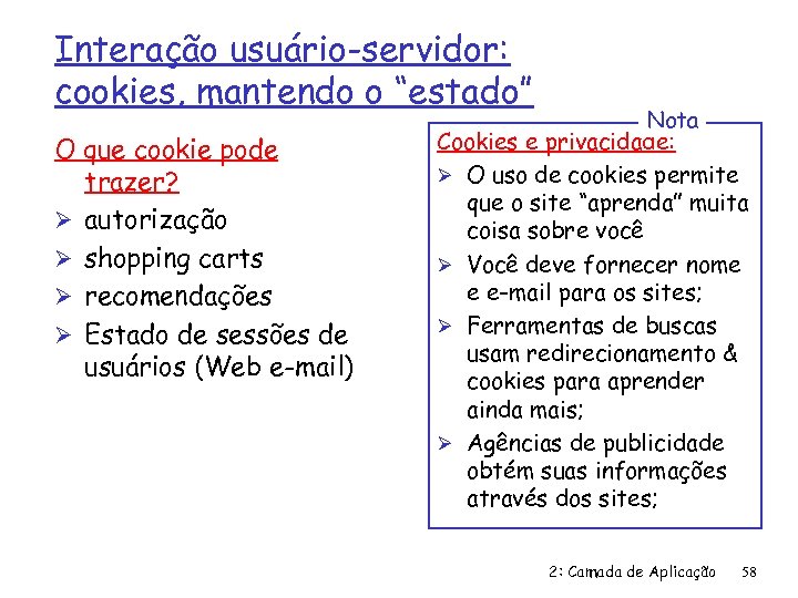 Interação usuário-servidor: cookies, mantendo o “estado” O que cookie pode trazer? Ø autorização Ø