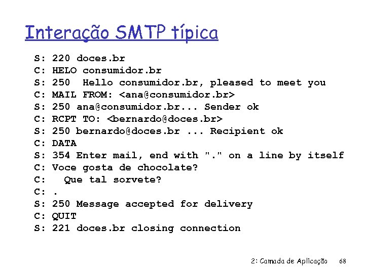 Interação SMTP típica S: C: S: C: C: C: S: 220 doces. br HELO