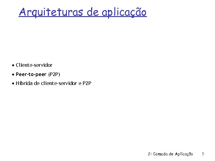 Arquiteturas de aplicação Cliente-servidor Peer-to-peer (P 2 P) Híbrida de cliente-servidor e P 2