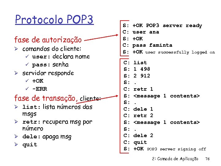 Protocolo POP 3 fase de autorização Ø comandos do cliente: user: declara nome ü