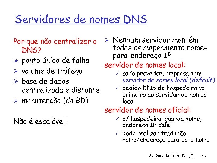 Servidores de nomes DNS Por que não centralizar o Ø Nenhum servidor mantém todos