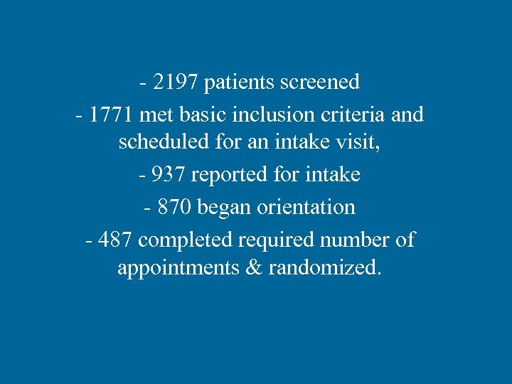 - 2197 patients screened - 1771 met basic inclusion criteria and scheduled for an