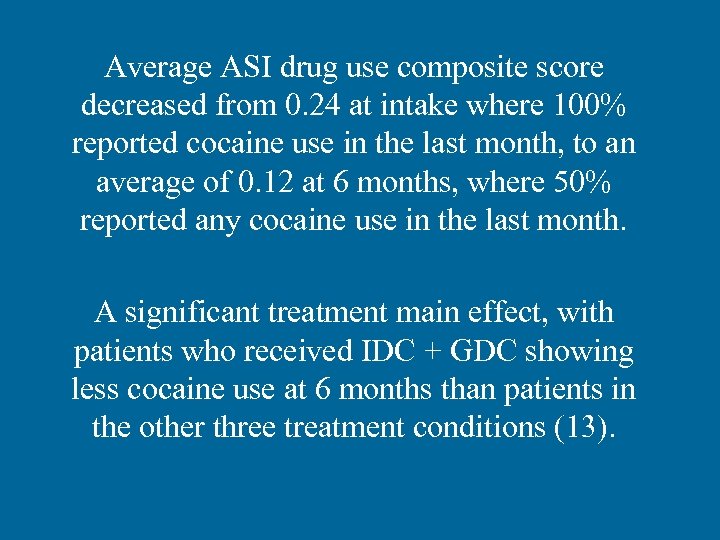 Average ASI drug use composite score decreased from 0. 24 at intake where 100%