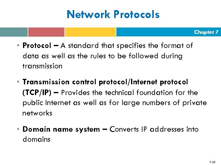 Network Protocols Chapter 7 • Protocol – A standard that specifies the format of