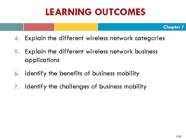 LEARNING OUTCOMES Chapter 7 4. Explain the different wireless network categories 5. Explain the