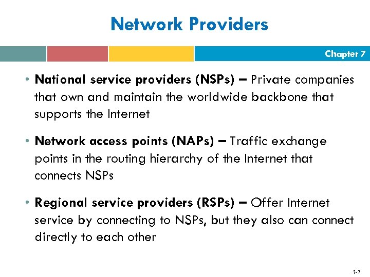 Network Providers Chapter 7 • National service providers (NSPs) – Private companies that own