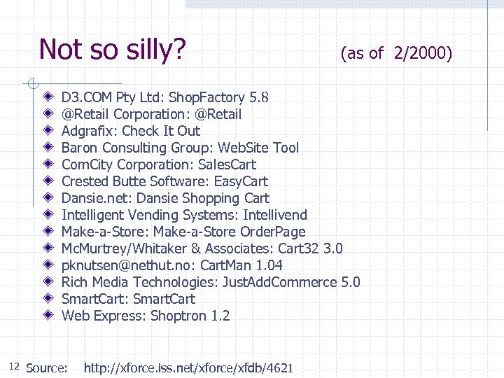 Not so silly? (as of 2/2000) D 3. COM Pty Ltd: Shop. Factory 5.