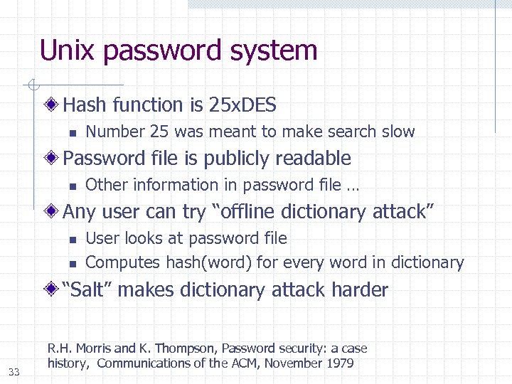 Unix password system Hash function is 25 x. DES n Number 25 was meant