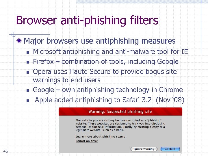 Browser anti-phishing filters Major browsers use antiphishing measures n n n 45 Microsoft antiphishing