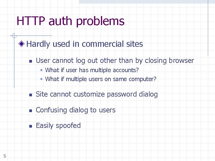 HTTP auth problems Hardly used in commercial sites n User cannot log out other