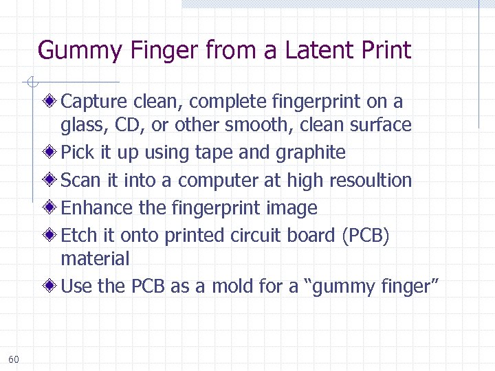 Gummy Finger from a Latent Print Capture clean, complete fingerprint on a glass, CD,
