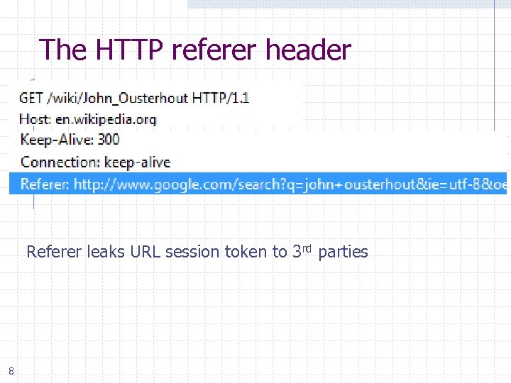 The HTTP referer header Referer leaks URL session token to 3 rd parties 8