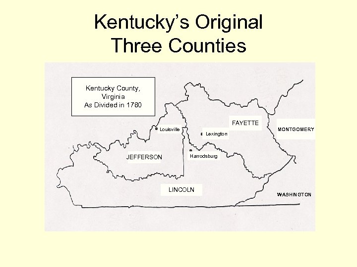Kentucky’s Original Three Counties Kentucky County, Virginia As Divided in 1780 FAYETTE Louisville JEFFERSON