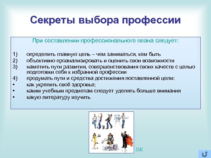 Секреты выбора профессии При составлении профессионального плана следует: 1) 2) 3) 4) • •