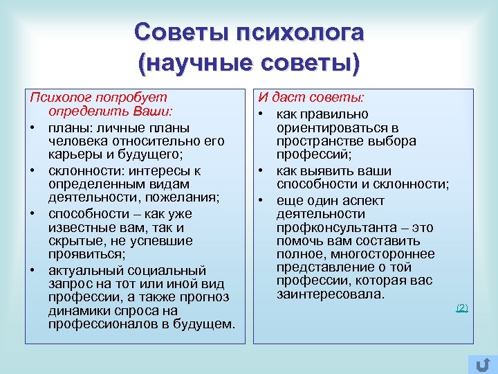 Советы психолога (научные советы) Психолог попробует определить Ваши: • планы: личные планы человека относительно