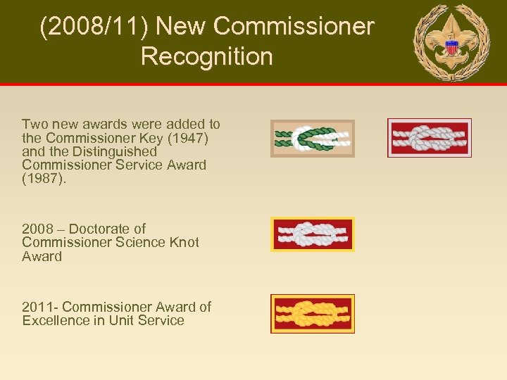 (2008/11) New Commissioner Recognition Two new awards were added to the Commissioner Key (1947)