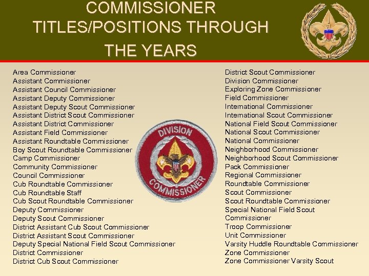 COMMISSIONER TITLES/POSITIONS THROUGH THE YEARS Area Commissioner Assistant Council Commissioner Assistant Deputy Scout Commissioner