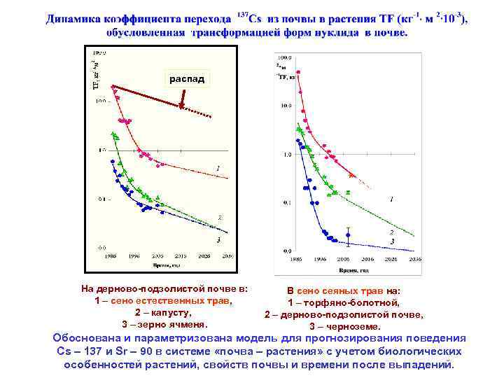 распад * На дерново-подзолистой почве в: 1 – сено естественных трав, 2 – капусту,