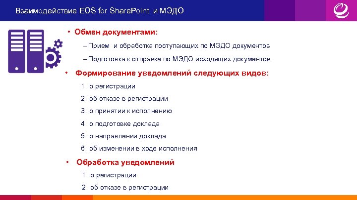Взаимодействие EOS for Share. Point и МЭДО • Обмен документами: – Прием и обработка