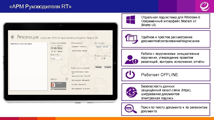  «АРМ Руководителя RT» Отдельная подсистема для Windows 8 Современный интерфейс Modern UI (Metro