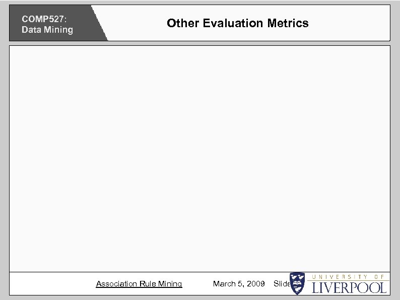 COMP 527: Data Mining Other Evaluation Metrics Association Rule Mining March 5, 2009 Slide