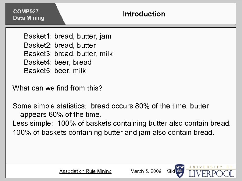 COMP 527: Data Mining Introduction Basket 1: bread, butter, jam Basket 2: bread, butter