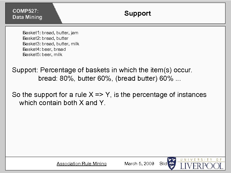 COMP 527: Data Mining Support Basket 1: bread, butter, jam Basket 2: bread, butter