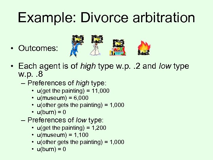 Example: Divorce arbitration • Outcomes: • Each agent is of high type w. p.