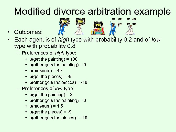 Modified divorce arbitration example • Outcomes: • Each agent is of high type with