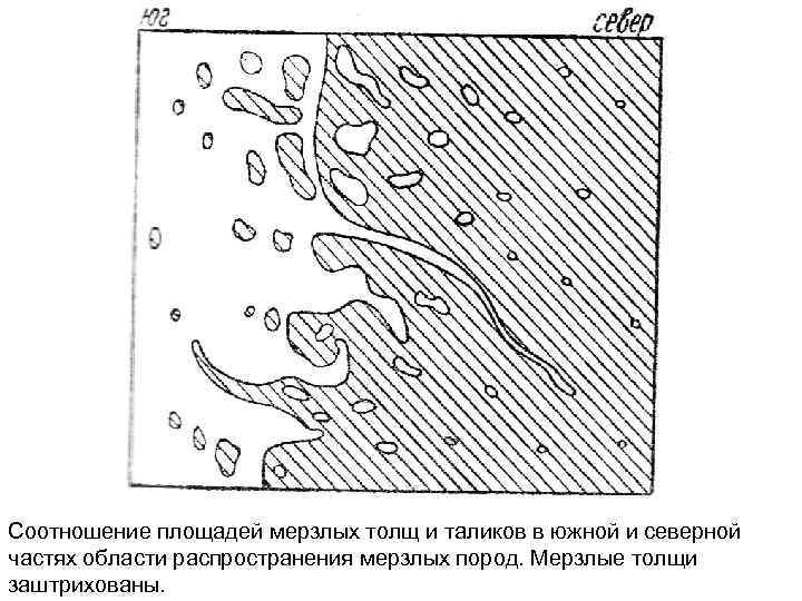 Соотношение площадей мерзлых толщ и таликов в южной и северной частях области распространения мерзлых