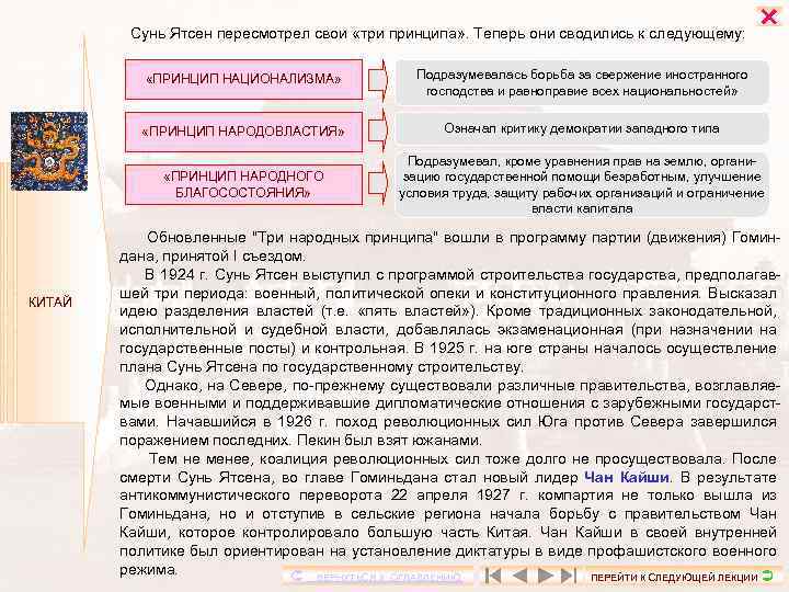  Сунь Ятсен пересмотрел свои «три принципа» . Теперь они сводились к следующему: «ПРИНЦИП