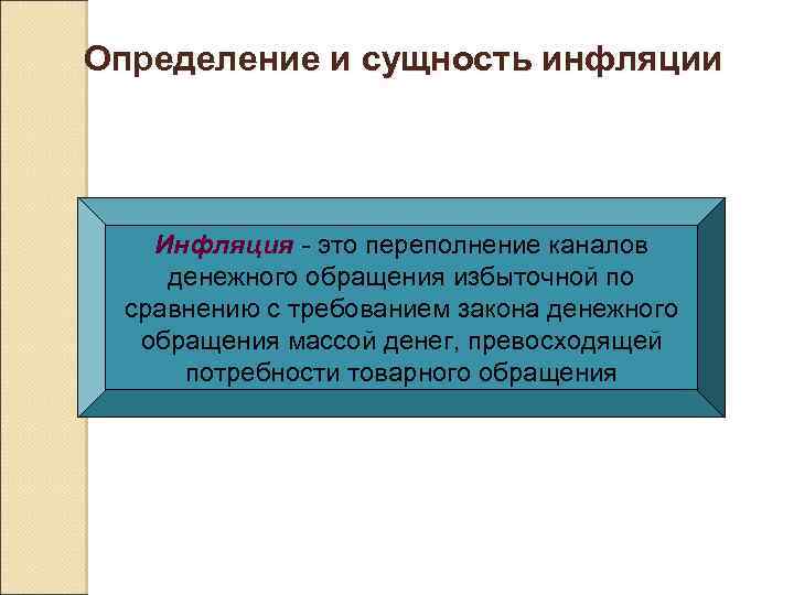 Определение и сущность инфляции Инфляция - это переполнение каналов денежного обращения избыточной по сравнению