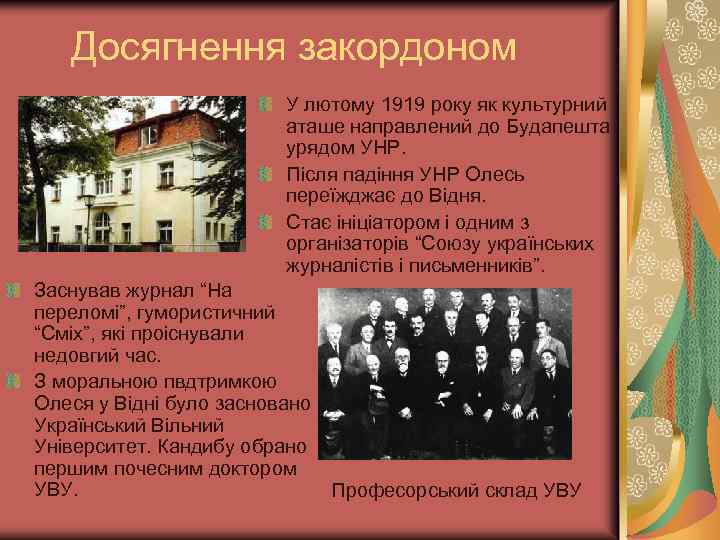 Досягнення закордоном У лютому 1919 року як культурний аташе направлений до Будапешта урядом УНР.