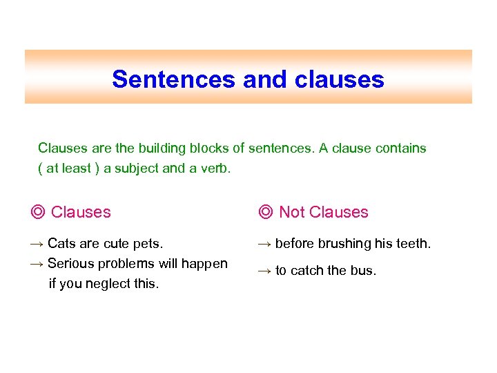 Sentences and clauses Clauses are the building blocks of sentences. A clause contains (