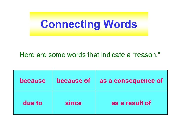 Connecting Words Here are some words that indicate a “reason. ” because of as