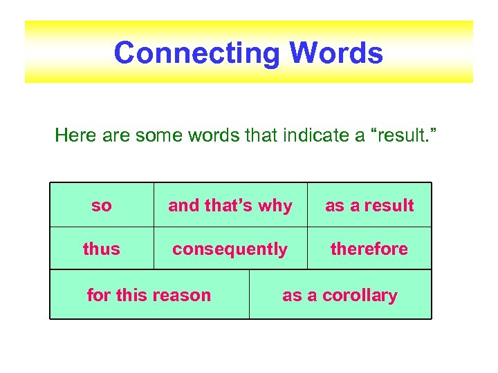 Connecting Words Here are some words that indicate a “result. ” so and that’s