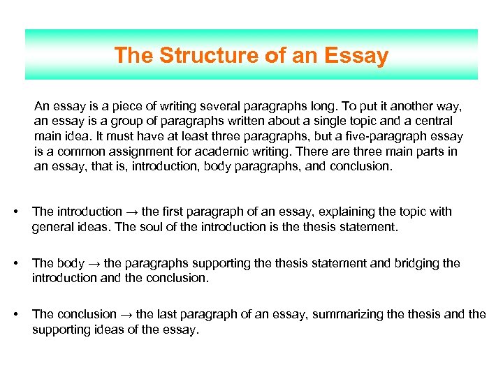The Structure of an Essay An essay is a piece of writing several paragraphs