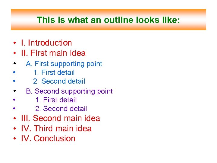 This is what an outline looks like: • I. Introduction • II. First main