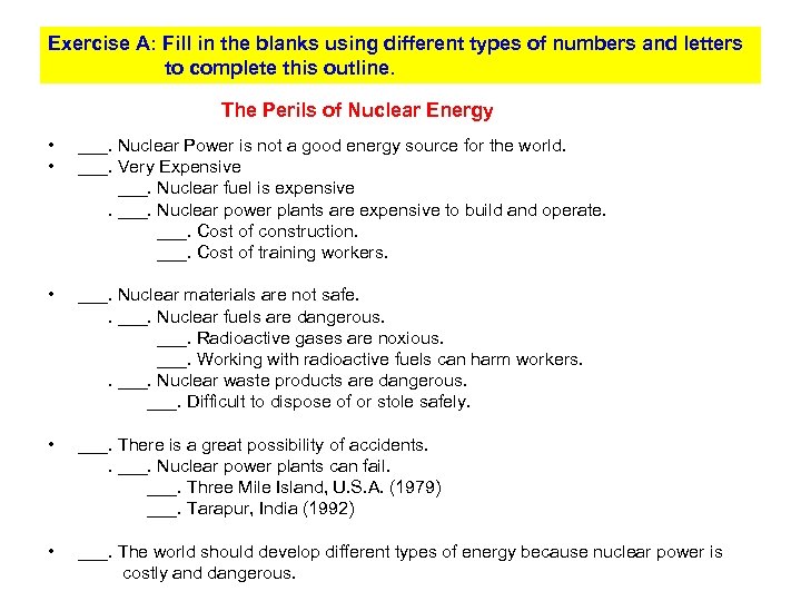 Exercise A: Fill in the blanks using different types of numbers and letters to