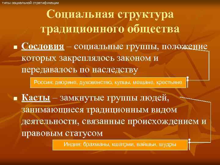 типы социальной стратификации Социальная структура традиционного общества n Сословия – социальные группы, положение которых