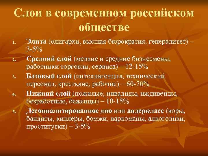 Слои в современном российском обществе 1. 2. 3. 4. 5. Элита (олигархи, высшая бюрократия,