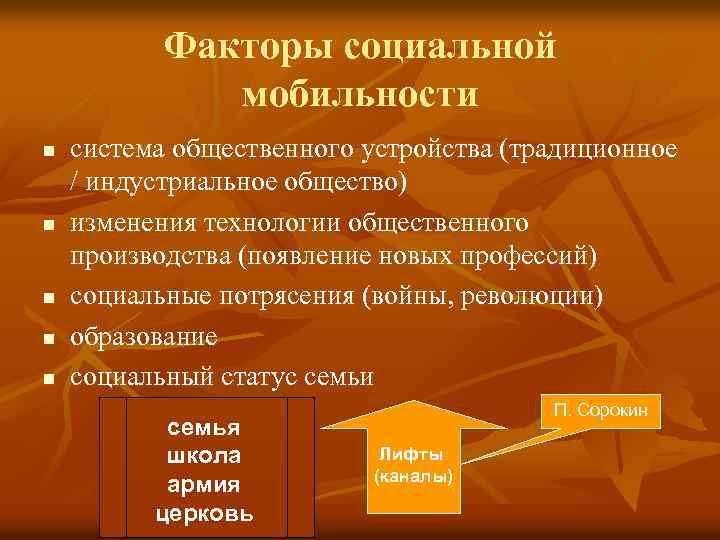 Факторы социальной мобильности n n n система общественного устройства (традиционное / индустриальное общество) изменения