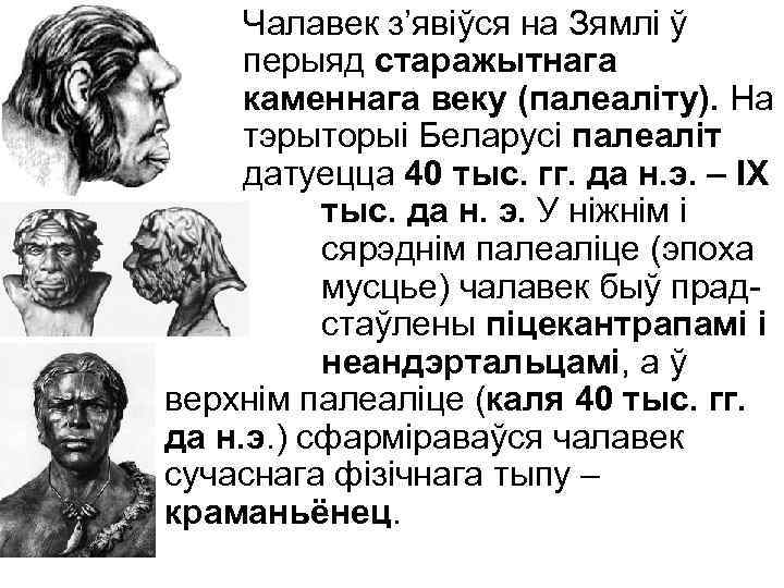 Чалавек з’явіўся на Зямлі ў перыяд старажытнага каменнага веку (палеаліту). На тэрыторыі Беларусі палеаліт
