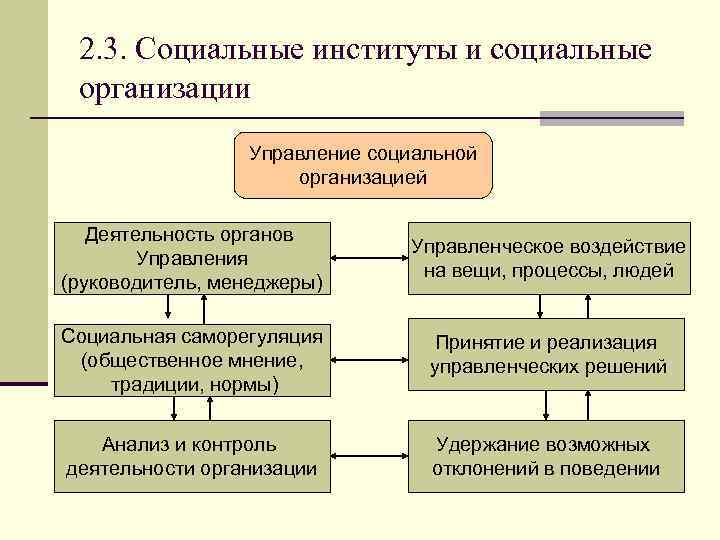 2. 3. Социальные институты и социальные организации Управление социальной организацией Деятельность органов Управления (руководитель,