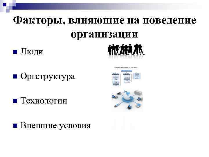 Факторы, влияющие на поведение организации n Люди n Оргструктура n Технологии n Внешние условия