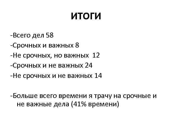 ИТОГИ -Всего дел 58 -Срочных и важных 8 -Не срочных, но важных 12 -Срочных