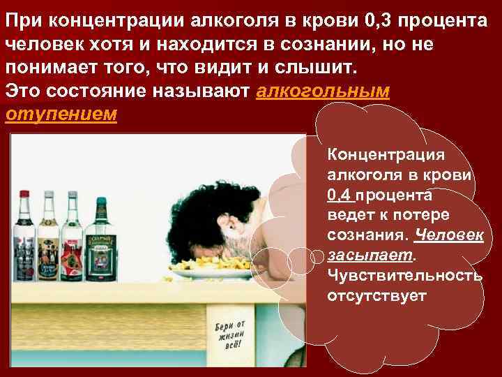 При концентрации алкоголя в крови 0, 3 процента человек хотя и находится в сознании,