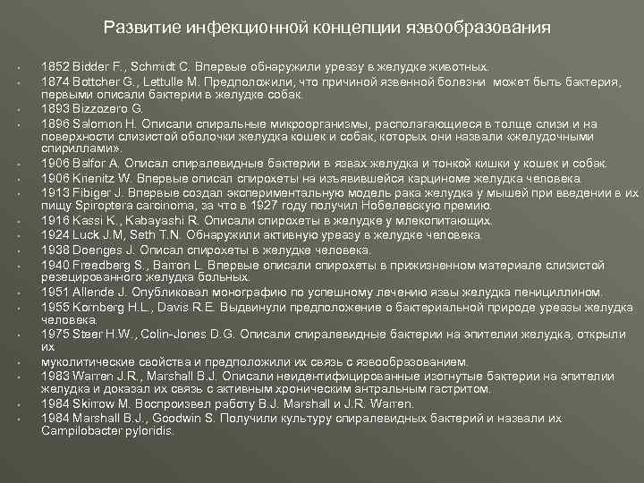 Развитие инфекционной концепции язвообразования • • • • • 1852 Bidder F. , Schmidt