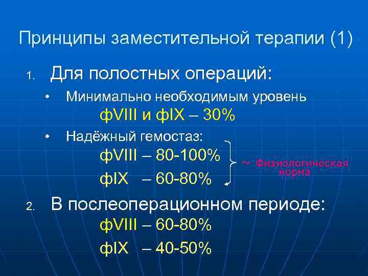 Принципы заместительной терапии (1) Для полостных операций: 1. • Минимально необходимым уровень ф. VIII