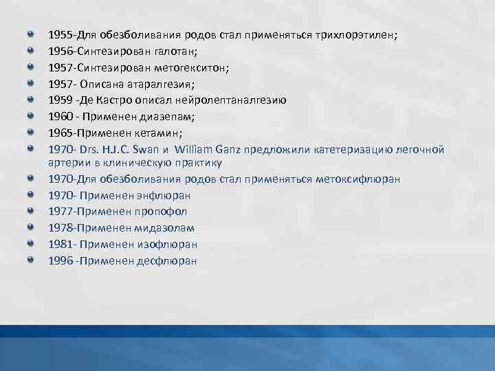 1955 -Для обезболивания родов стал применяться трихлорэтилен; 1956 -Синтезирован галотан; 1957 -Синтезирован метогекситон; 1957